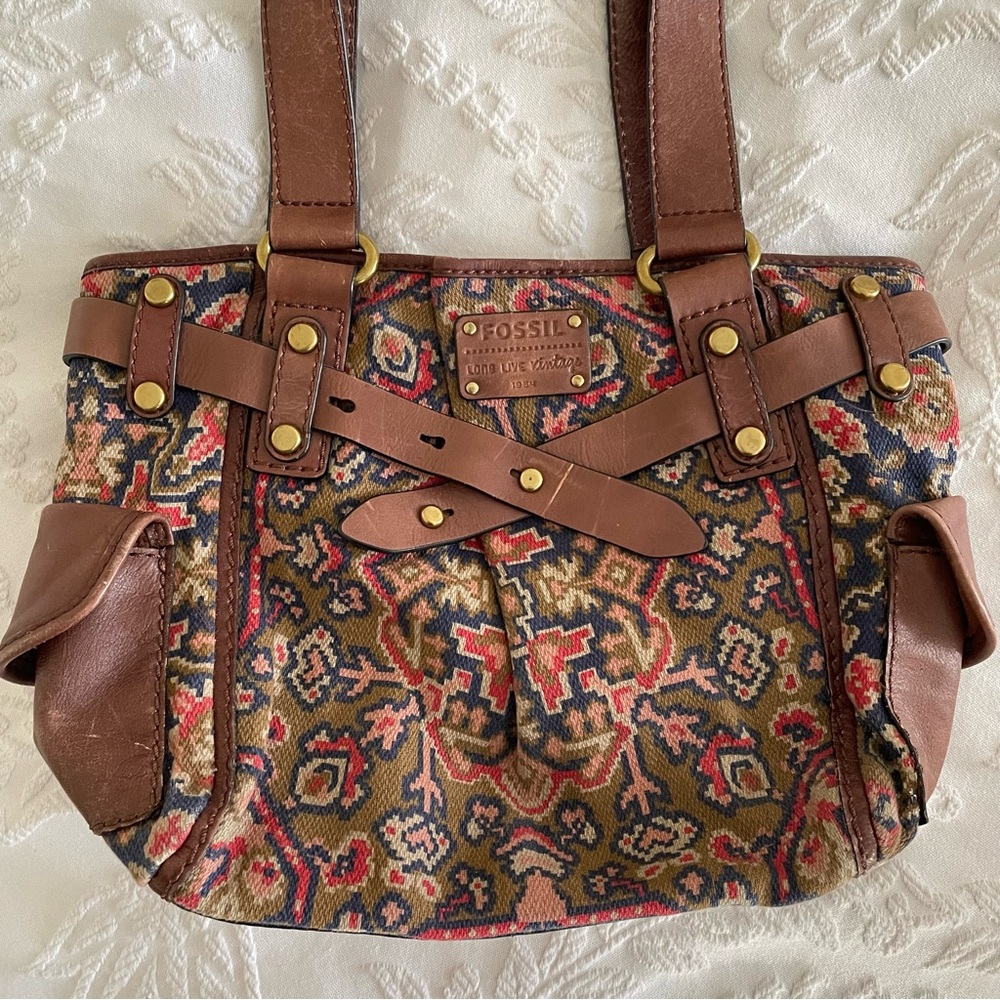 Fossil Bag, Fossil Long Live Vintage Bag, Leather & Tapestry Bag, Aztec Design